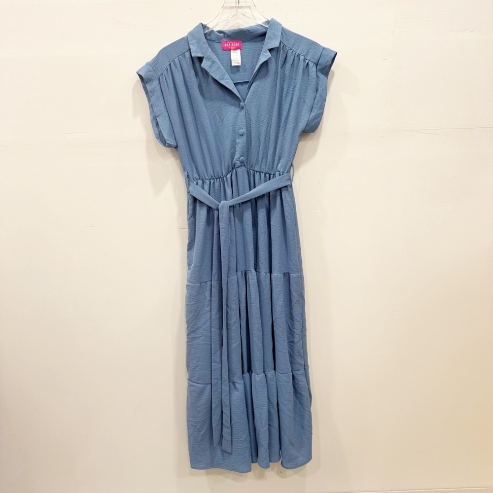 Mia Rose Blue Belted Tiered Midi Dress Belted Collared Button Front Medium